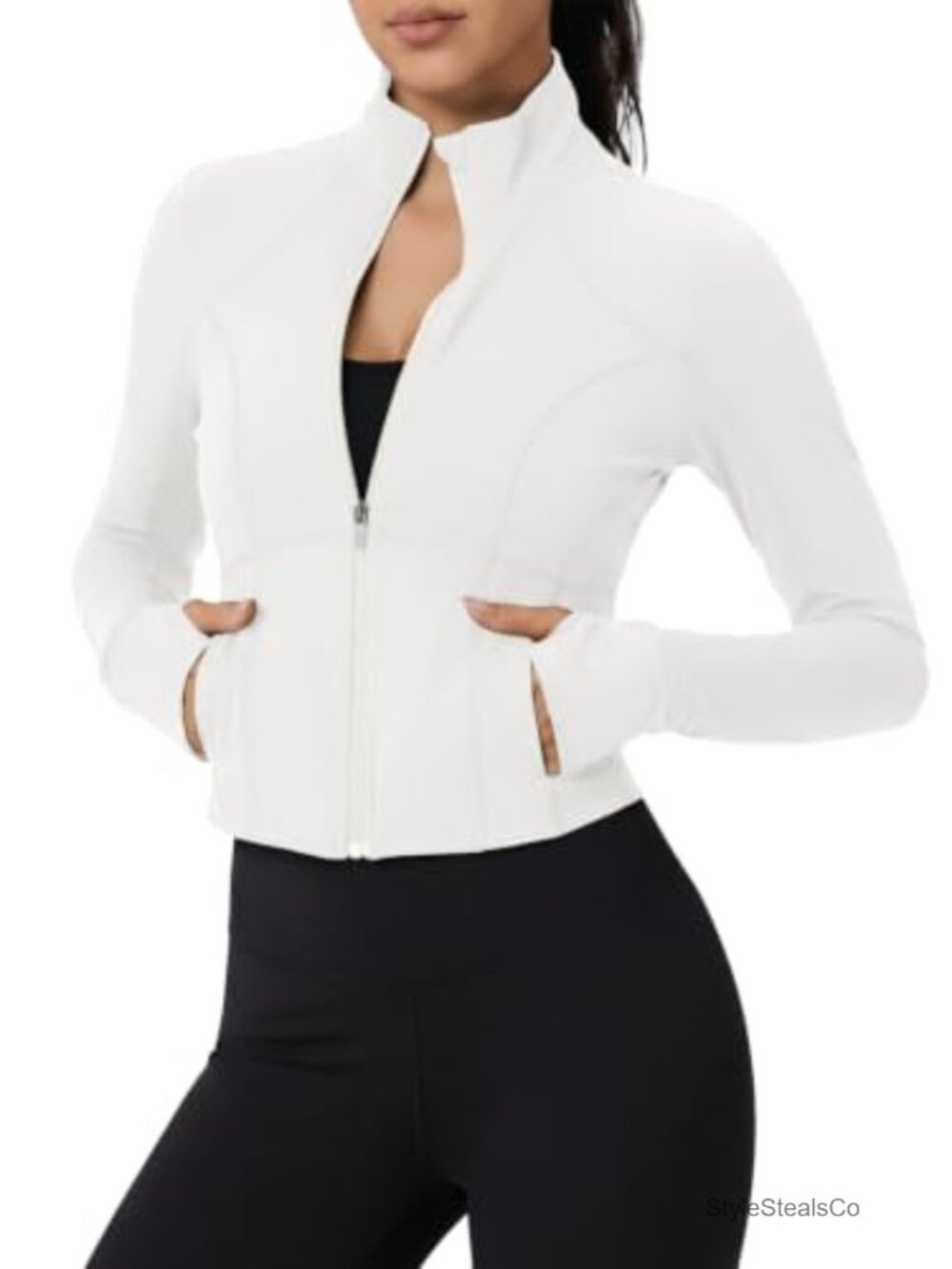 Womens Cropped Workout Jacket UPF 50+ Full Zip Slim Fit Athletic Top Thumb Holes